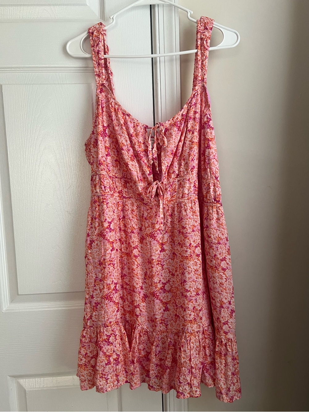 American Eagle Pink Orange Floral Sleeveless Tie Front Ruffle Hem Mini Dress XL